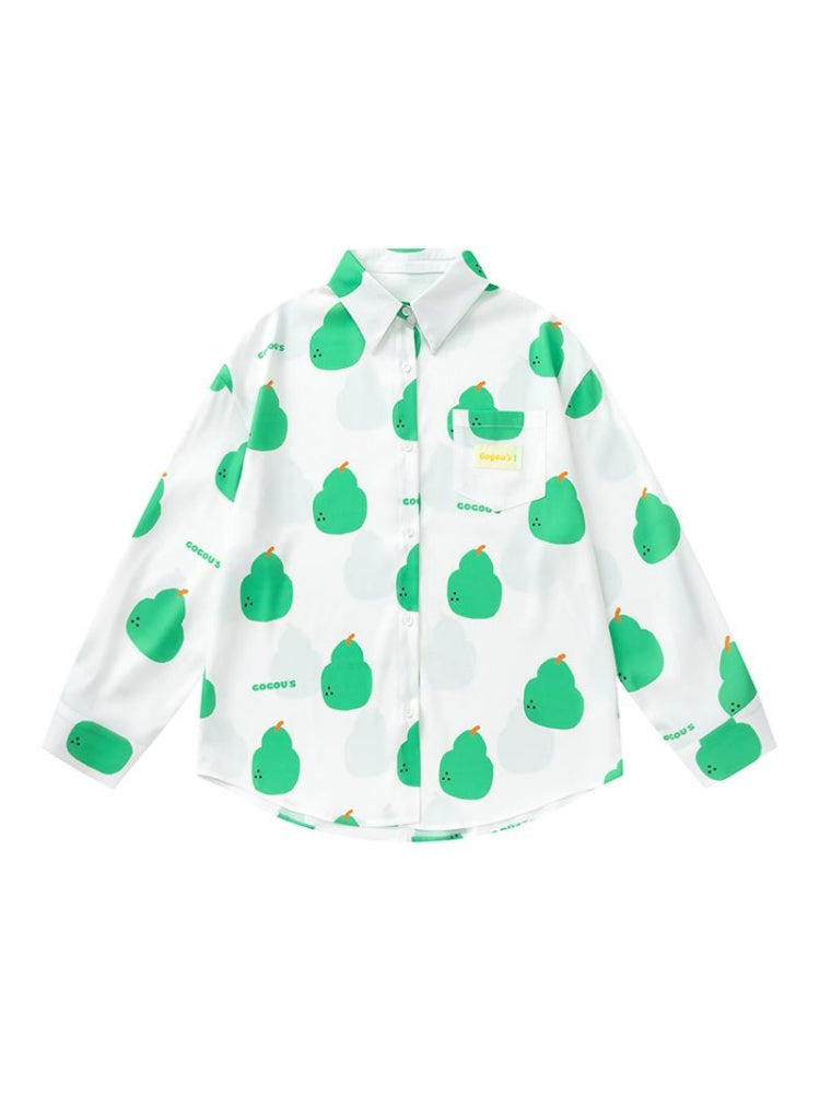 White Chiffon Long-Sleeve Pear Print Shirt