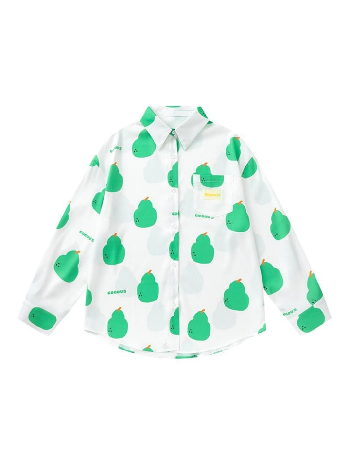 White Chiffon Long-Sleeve Pear Print Shirt