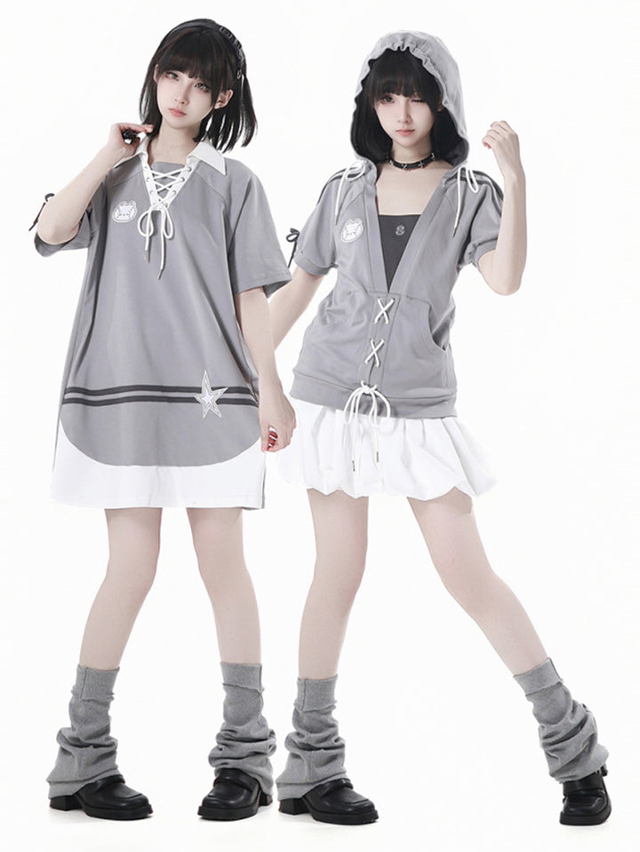 Gray Summer Short-sleeve Hoodie / T-Shirt / White Puff Skirt