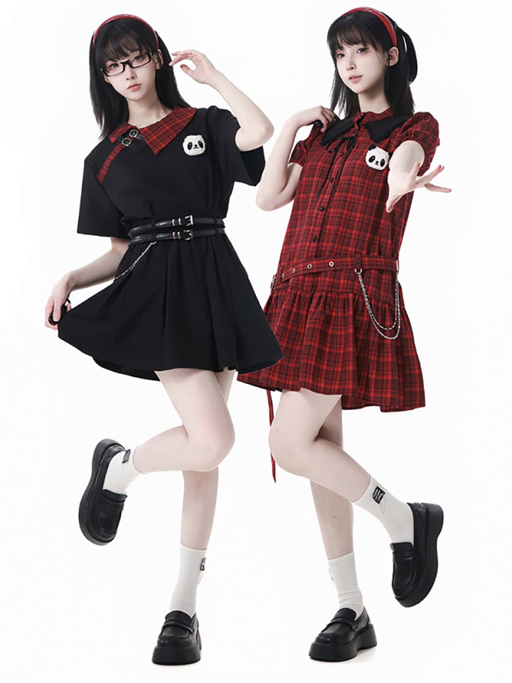 Vintage Red and Black Plaid Skirt / Black Top / Skirt