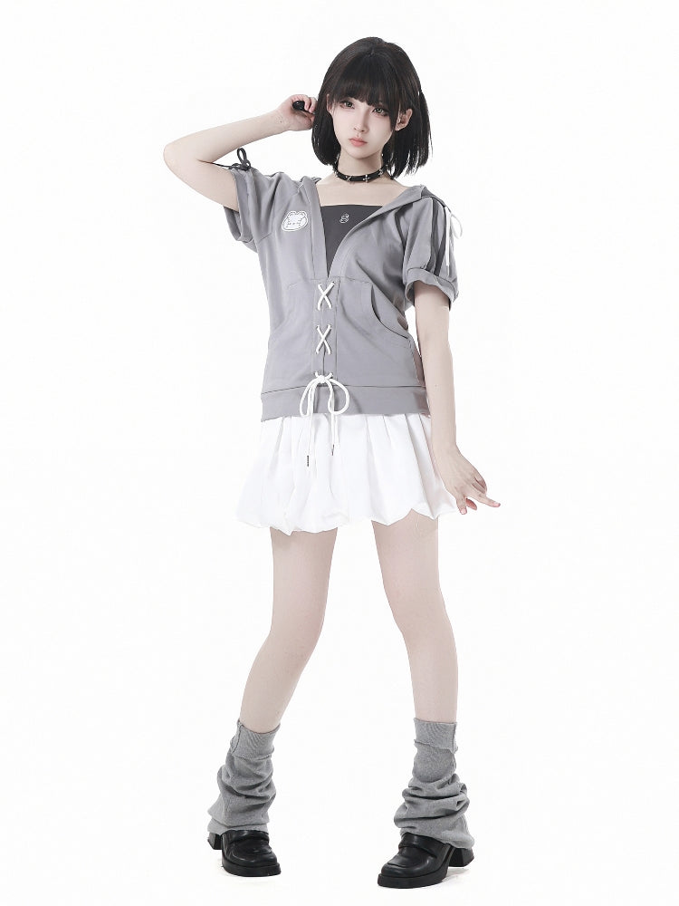 Gray Summer Short-sleeve Hoodie / T-Shirt / White Puff Skirt
