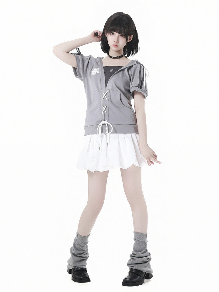 Gray Summer Short-sleeve Hoodie / T-Shirt / White Puff Skirt