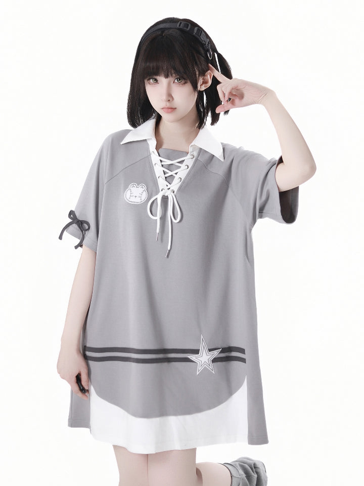 Gray Summer Short-sleeve Hoodie / T-Shirt / White Puff Skirt
