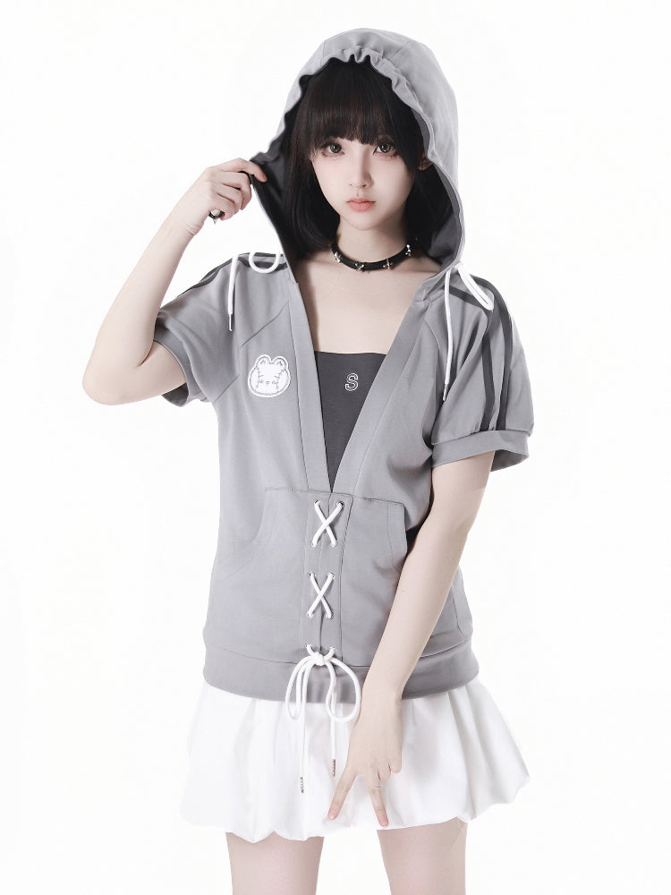 Gray Summer Short-sleeve Hoodie / T-Shirt / White Puff Skirt