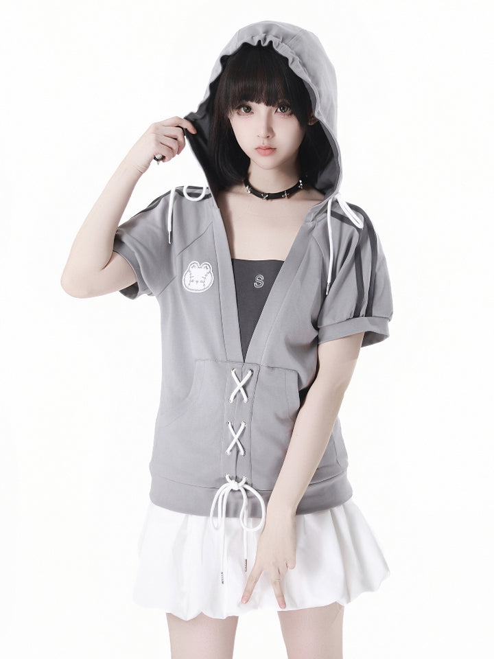 Gray Summer Short-sleeve Hoodie / T-Shirt / White Puff Skirt