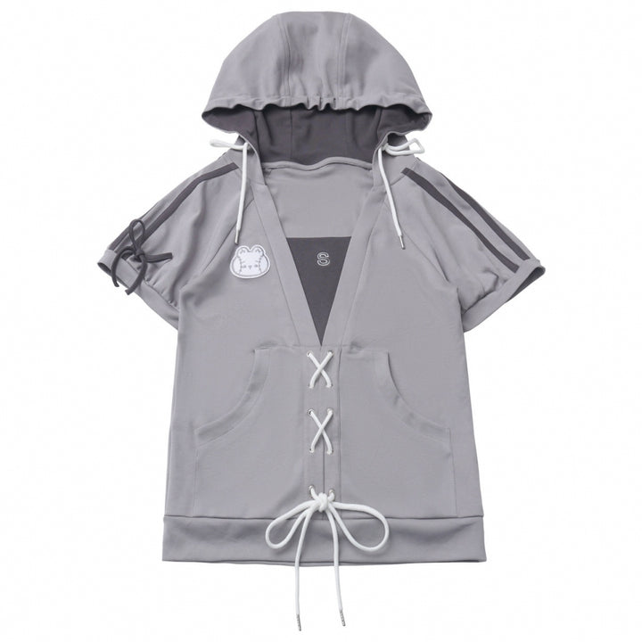 Gray Summer Short-sleeve Hoodie / T-Shirt / White Puff Skirt