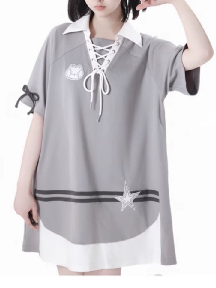 Gray Summer Short-sleeve Hoodie / T-Shirt / White Puff Skirt