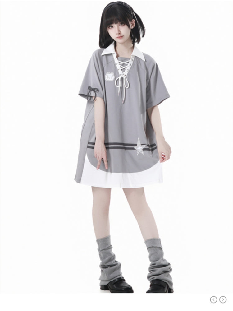 Gray Summer Short-sleeve Hoodie / T-Shirt / White Puff Skirt