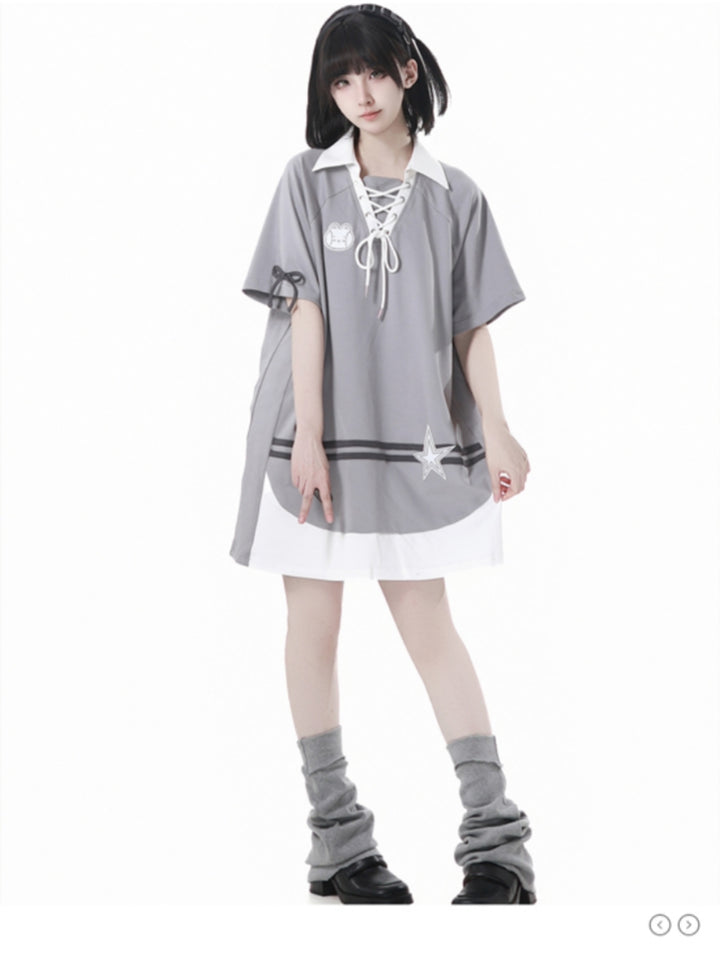 Gray Summer Short-sleeve Hoodie / T-Shirt / White Puff Skirt