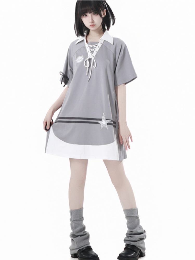 Gray Summer Short-sleeve Hoodie / T-Shirt / White Puff Skirt