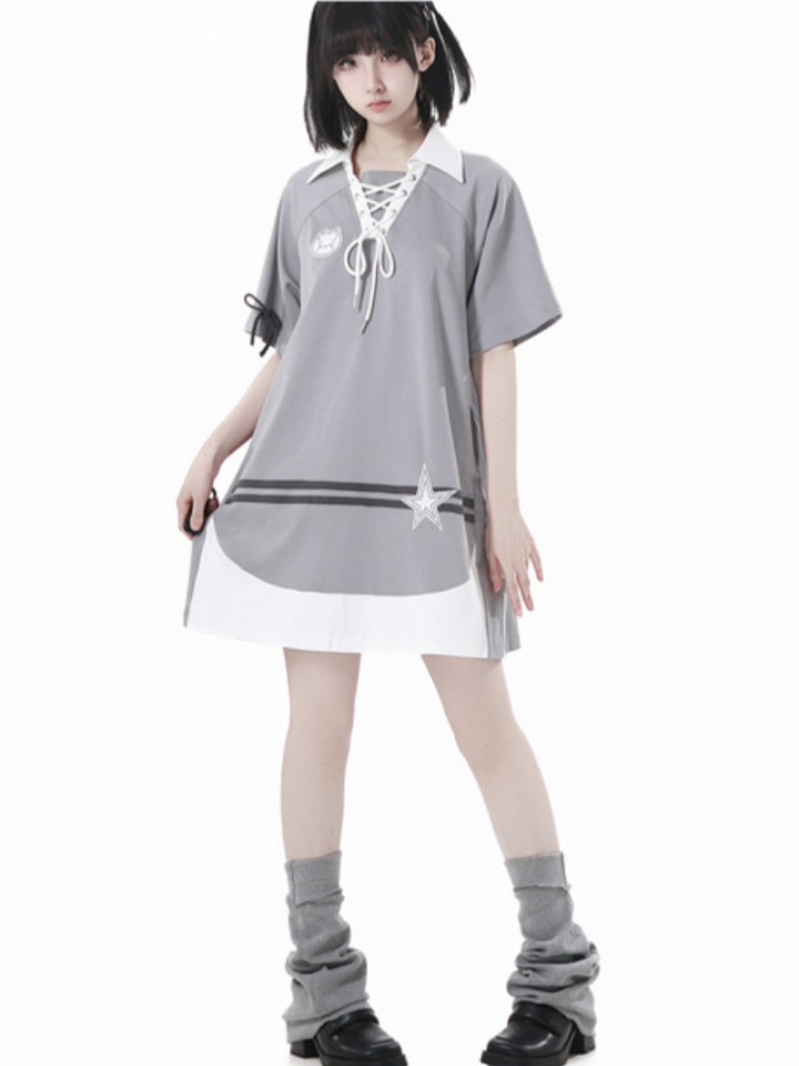 Gray Summer Short-sleeve Hoodie / T-Shirt / White Puff Skirt