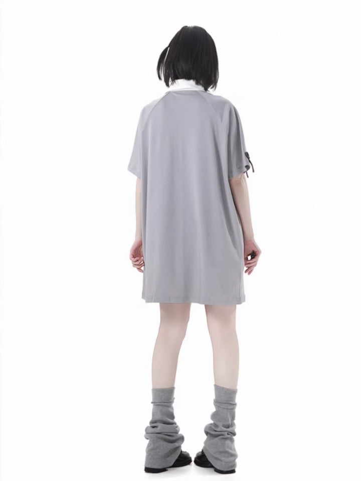 Gray Summer Short-sleeve Hoodie / T-Shirt / White Puff Skirt