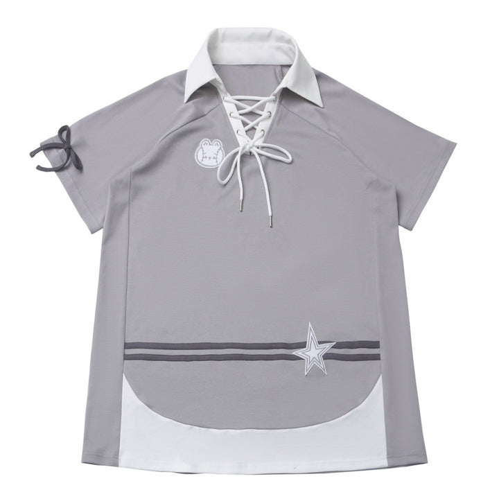 Gray Summer Short-sleeve Hoodie / T-Shirt / White Puff Skirt