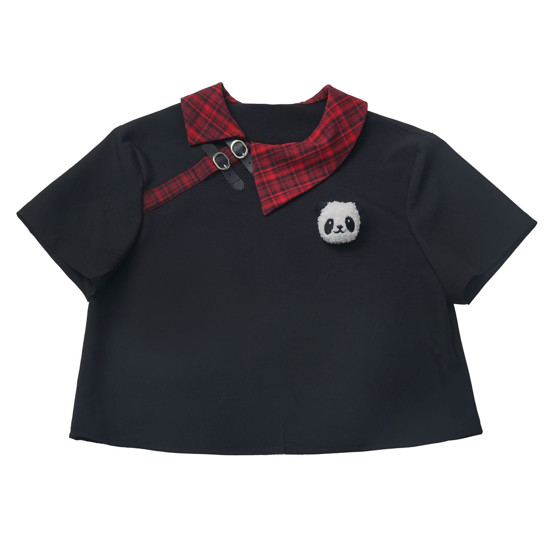 Vintage Red and Black Plaid Skirt / Black Top / Skirt