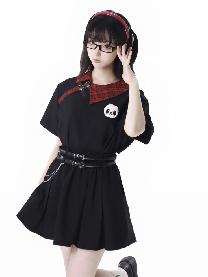 Vintage Red and Black Plaid Skirt / Black Top / Skirt