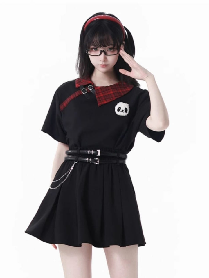 Vintage Red and Black Plaid Skirt / Black Top / Skirt