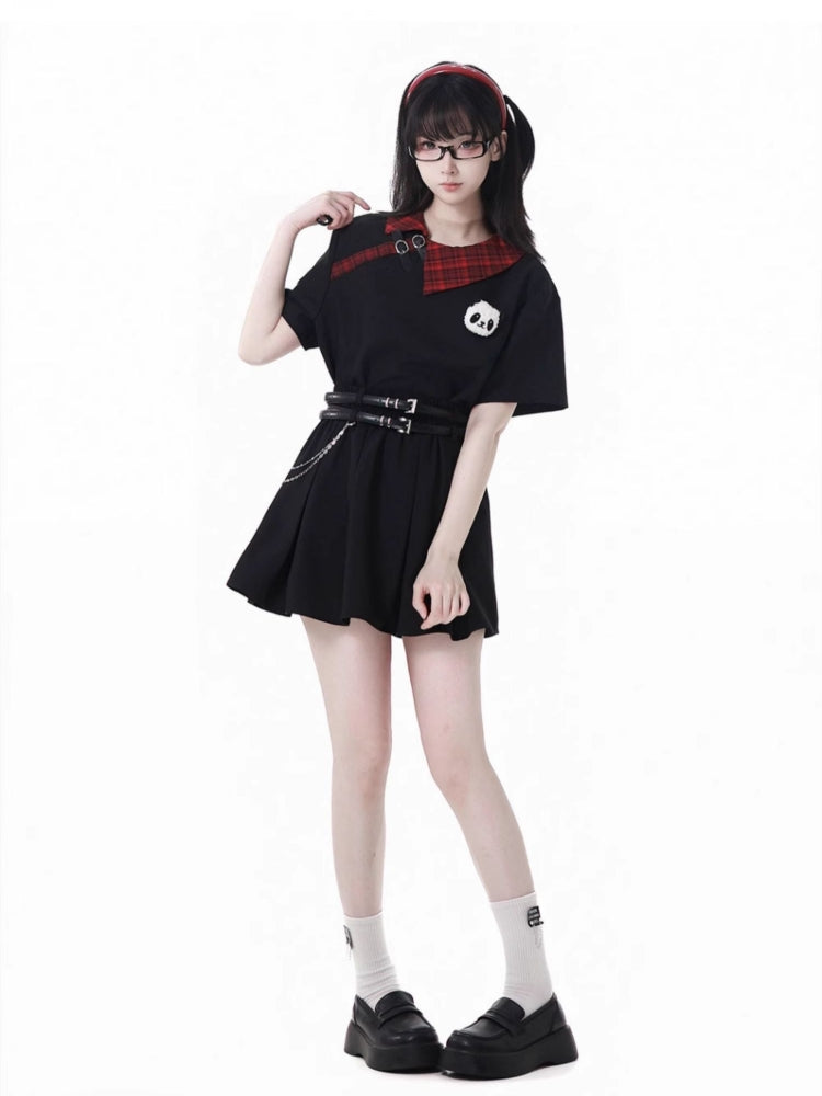 Vintage Red and Black Plaid Skirt / Black Top / Skirt