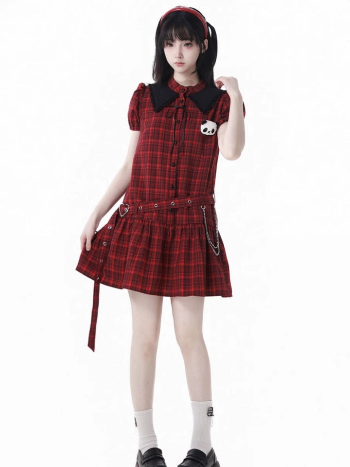 Vintage Red and Black Plaid Skirt / Black Top / Skirt