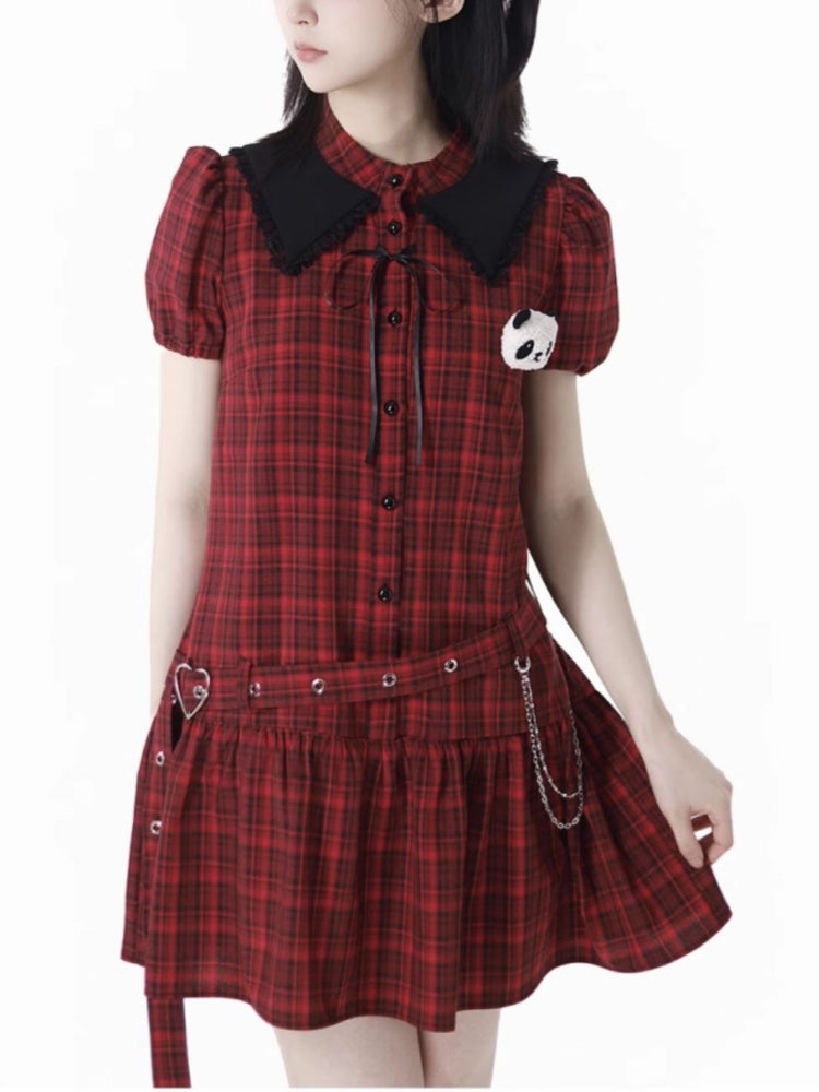 Vintage Red and Black Plaid Skirt / Black Top / Skirt