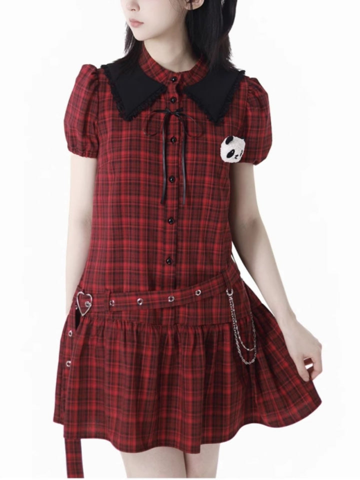 Vintage Red and Black Plaid Skirt / Black Top / Skirt