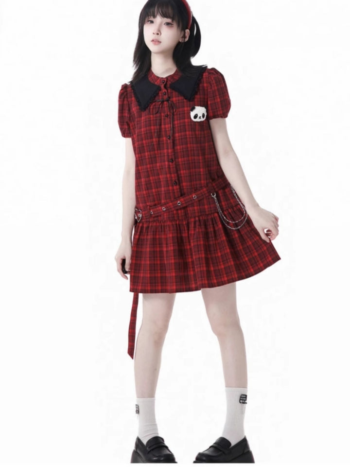 Vintage Red and Black Plaid Skirt / Black Top / Skirt