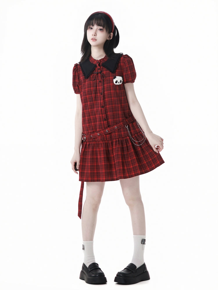 Vintage Red and Black Plaid Skirt / Black Top / Skirt