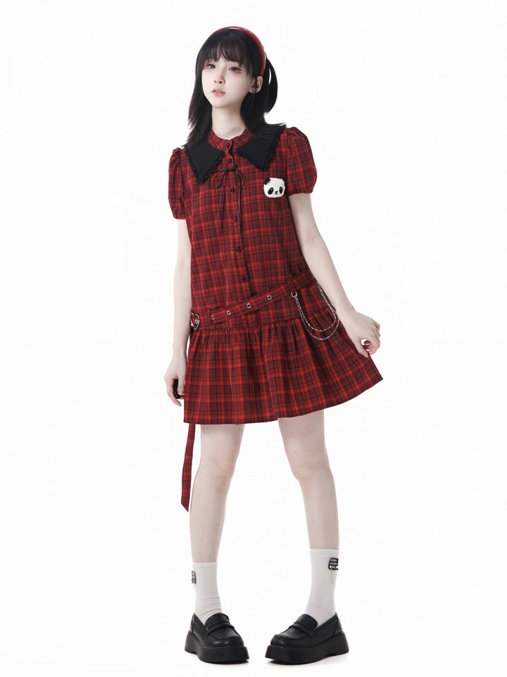 Vintage Red and Black Plaid Skirt / Black Top / Skirt