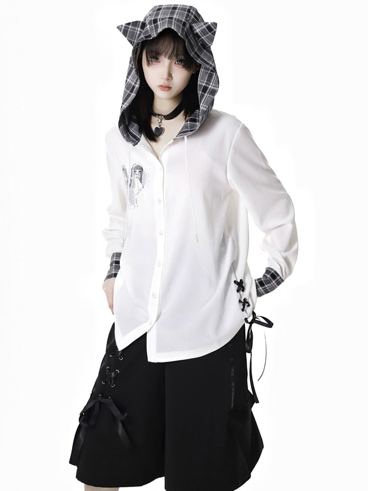 Japanese Streetwear Black Top / White Shirt / Ribbon Shorts