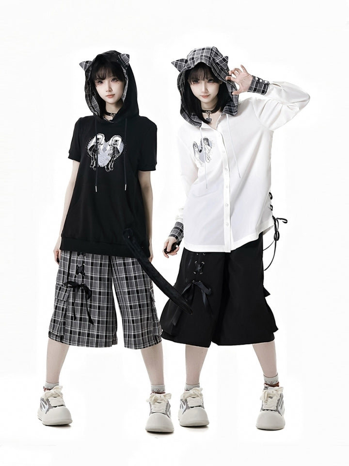 Japanese Streetwear Black Top / White Shirt / Ribbon Shorts