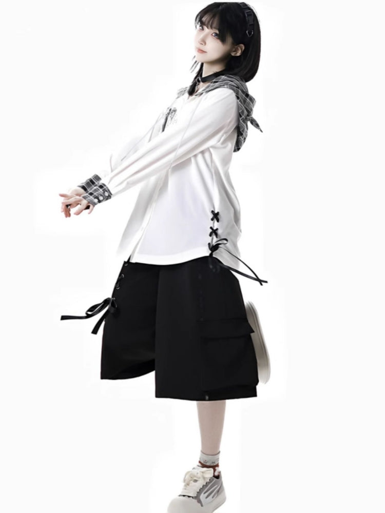 Japanese Streetwear Black Top / White Shirt / Ribbon Shorts