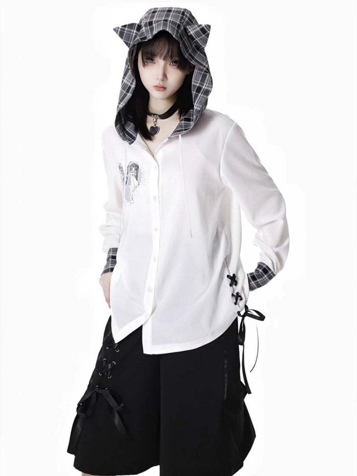 Japanese Streetwear Black Top / White Shirt / Ribbon Shorts