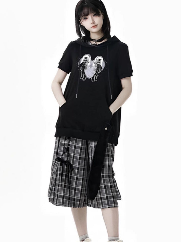 Japanese Streetwear Black Top / White Shirt / Ribbon Shorts