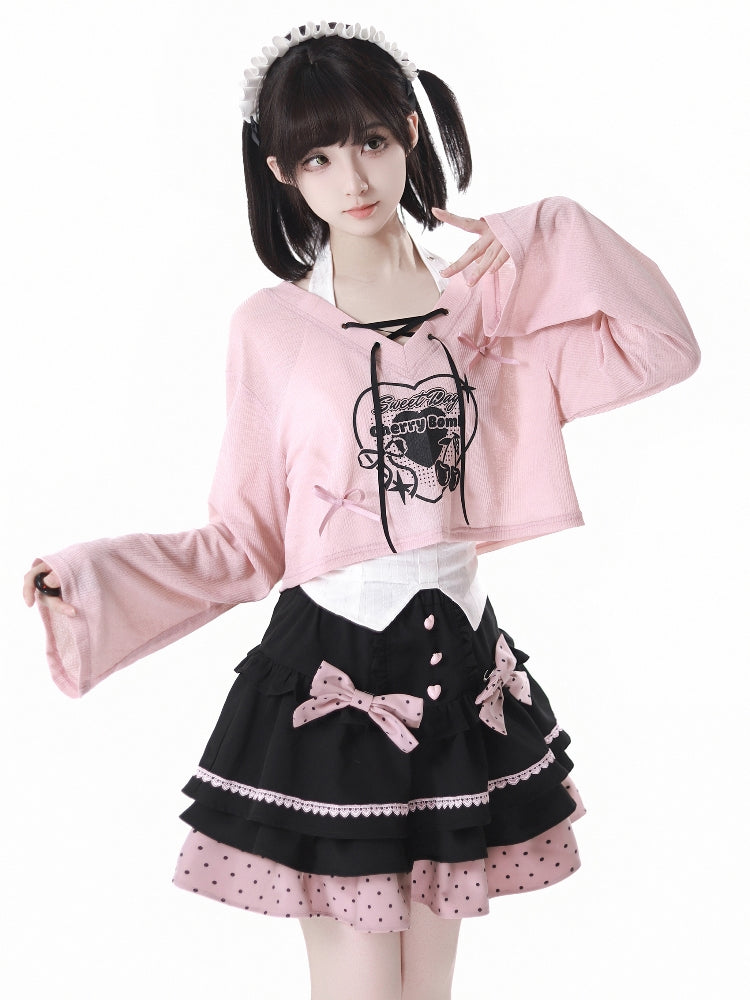 Pink Anime Girl Outfit Bell Sleeve Crop Top / Skirt