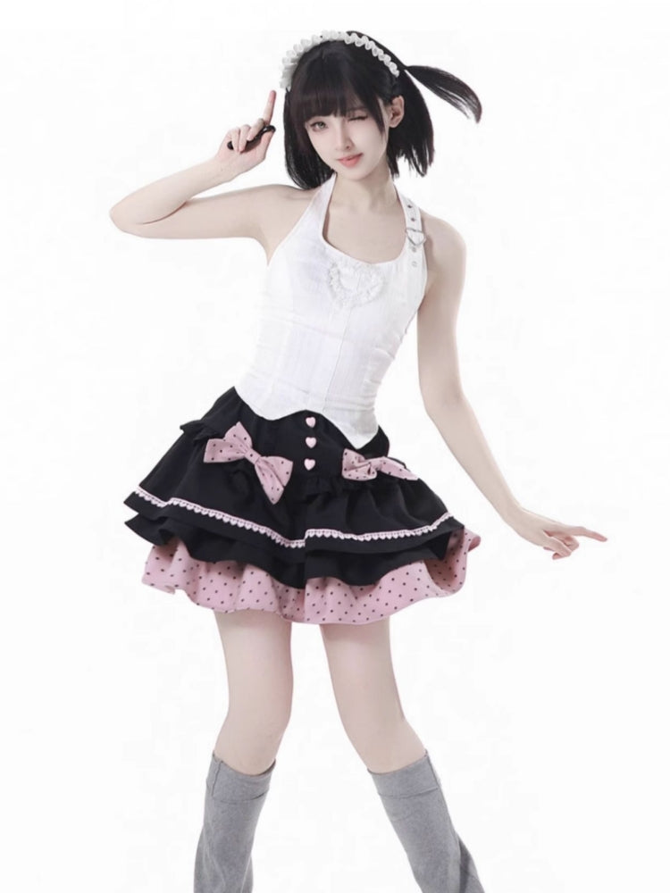 Pink Anime Girl Outfit Bell Sleeve Crop Top / Skirt