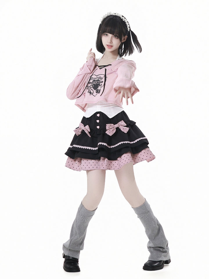 Pink Anime Girl Outfit Bell Sleeve Crop Top / Skirt