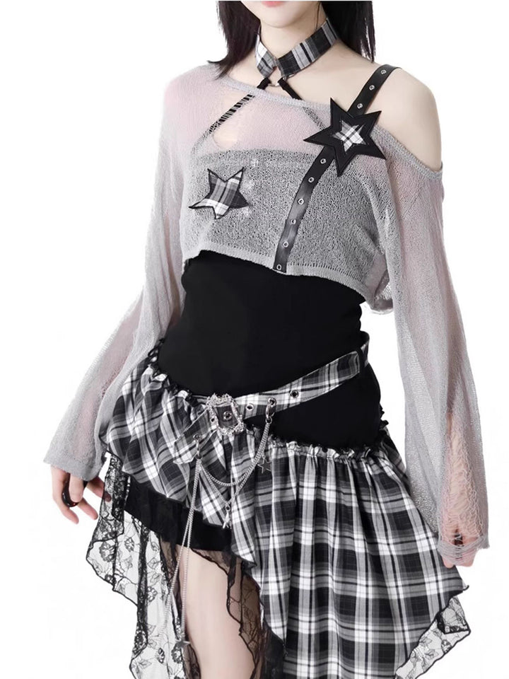 Rock girl style plaid patchwork dress / crop top / shorts