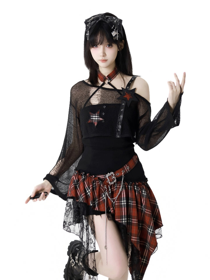 Rock girl style plaid patchwork dress / crop top / shorts
