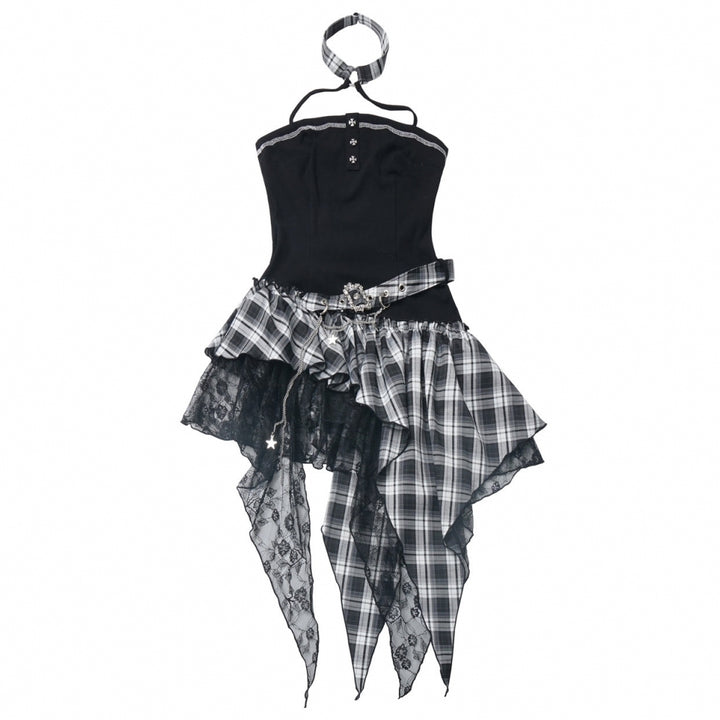 Rock girl style plaid patchwork dress / crop top / shorts