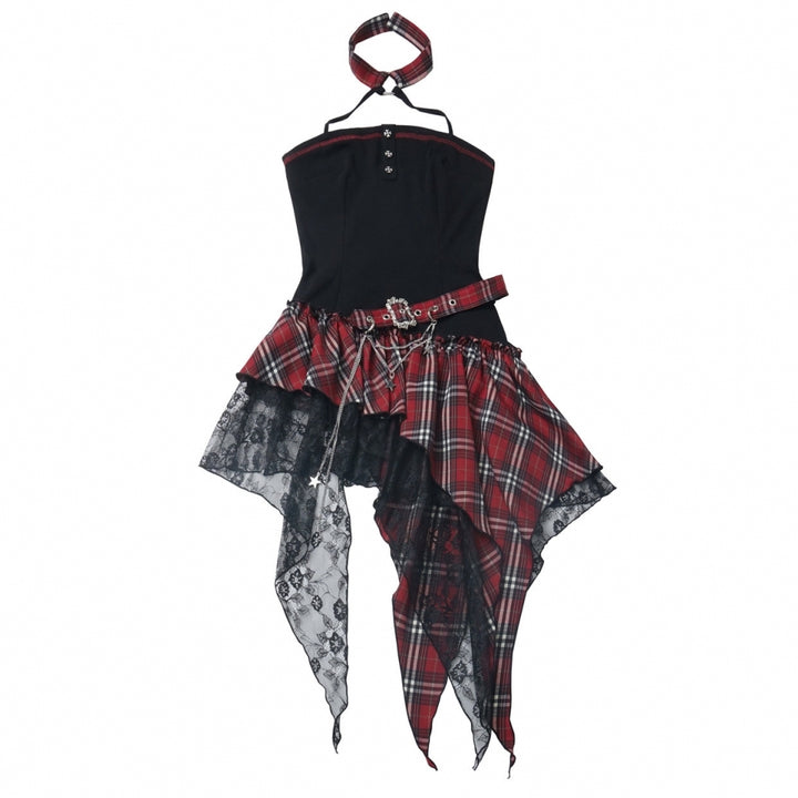 Rock girl style plaid patchwork dress / crop top / shorts