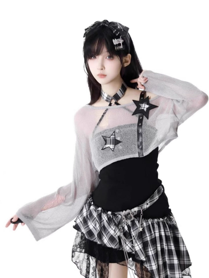 Rock girl style plaid patchwork dress / crop top / shorts