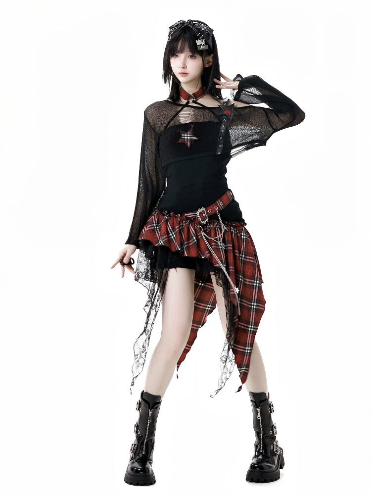 Rock girl style plaid patchwork dress / crop top / shorts