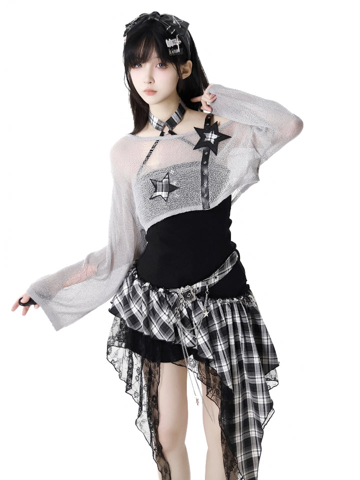 Rock girl style plaid patchwork dress / crop top / shorts