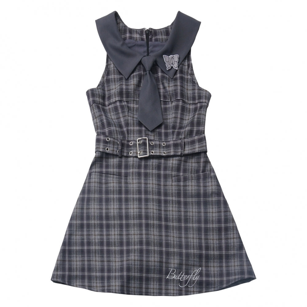 School Style Blue-Grey Plaid Dress / Shirt / Skirt