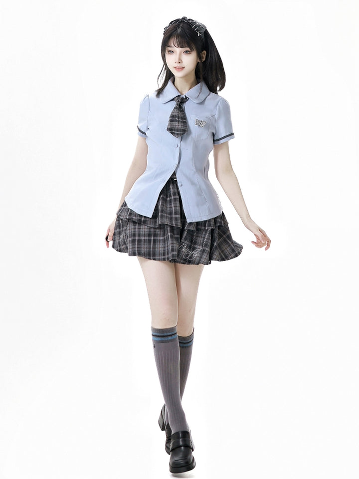 School Style Blue-Grey Plaid Dress / Shirt / Skirt