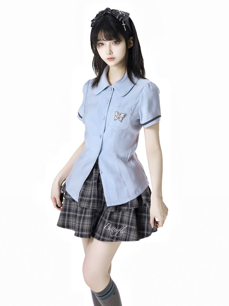 School Style Blue-Grey Plaid Dress / Shirt / Skirt
