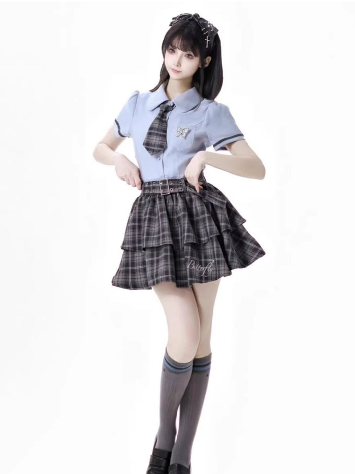 School Style Blue-Grey Plaid Dress / Shirt / Skirt
