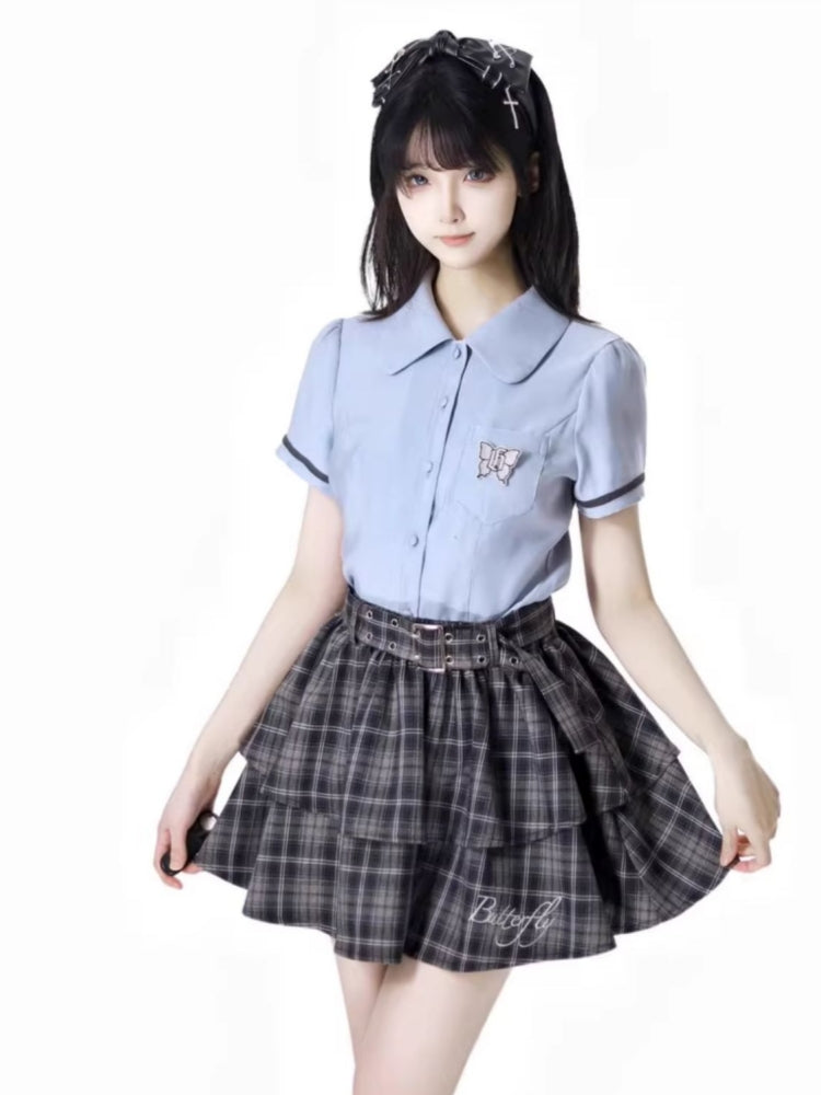 School Style Blue-Grey Plaid Dress / Shirt / Skirt