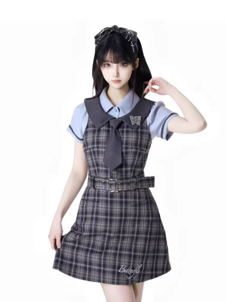 School Style Blue-Grey Plaid Dress / Shirt / Skirt