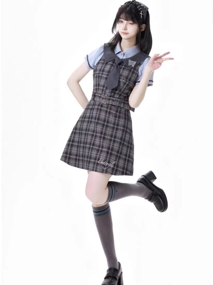 School Style Blue-Grey Plaid Dress / Shirt / Skirt