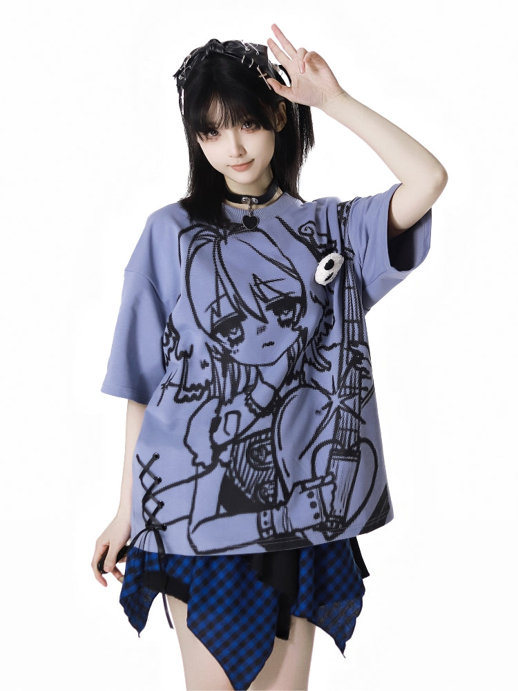 Anime Print Red / Blue / Gray T-Shirt